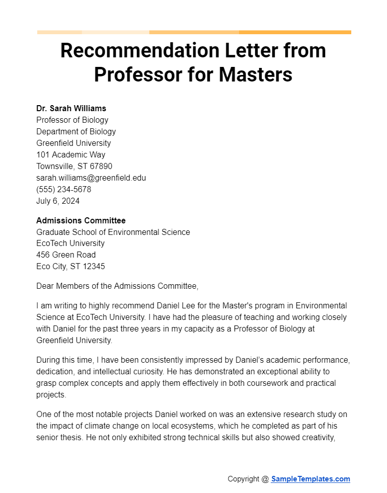 sample letter of recommendation for professor position