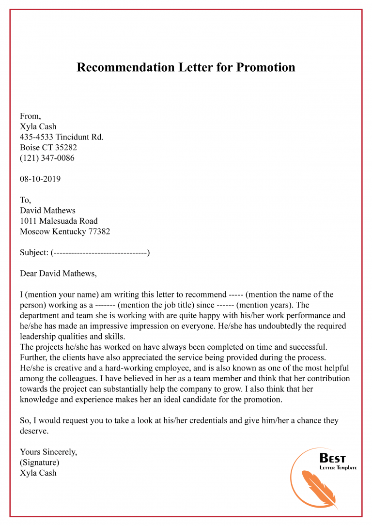 sample letter recommendation for promotion