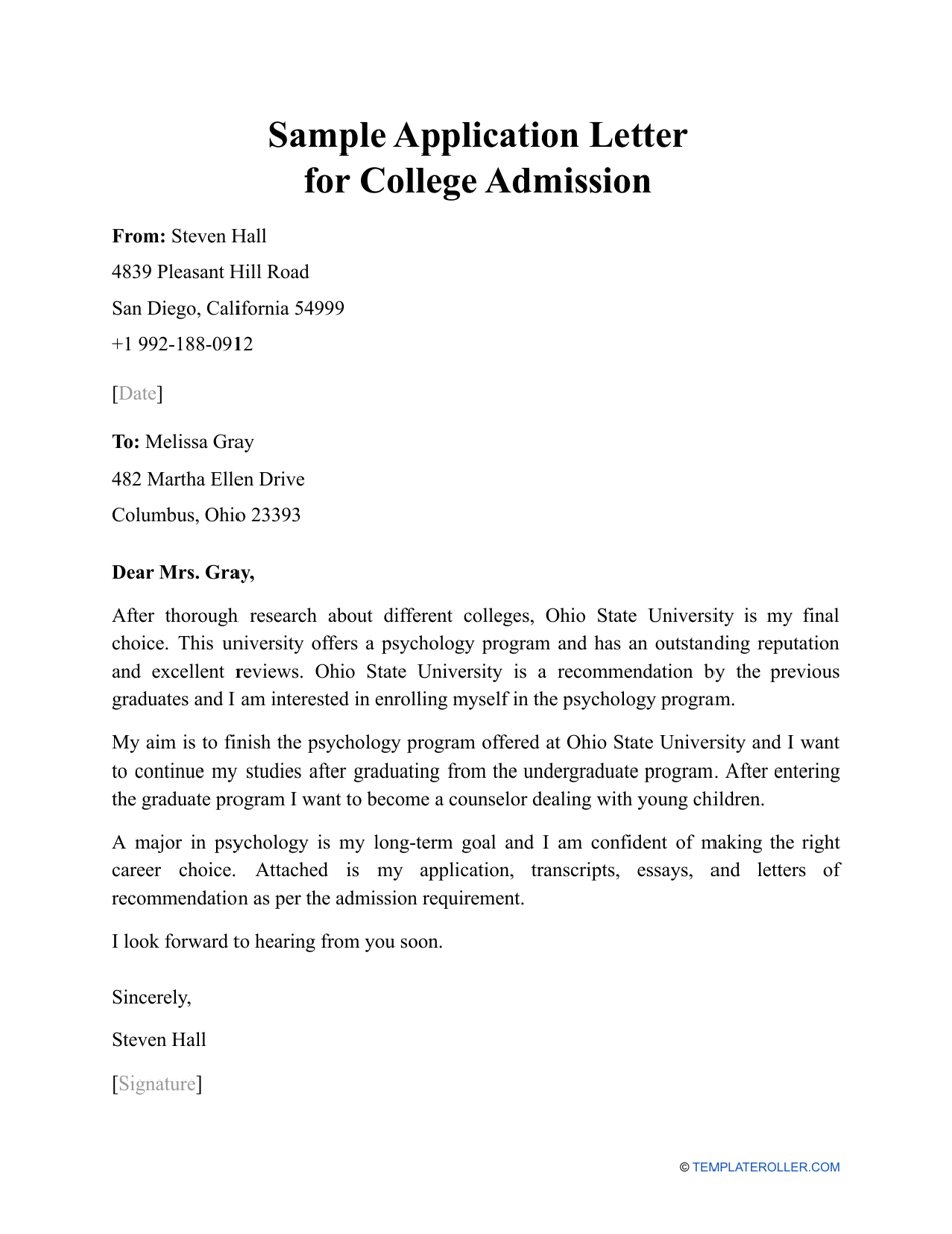 sample of application letter for university admission
