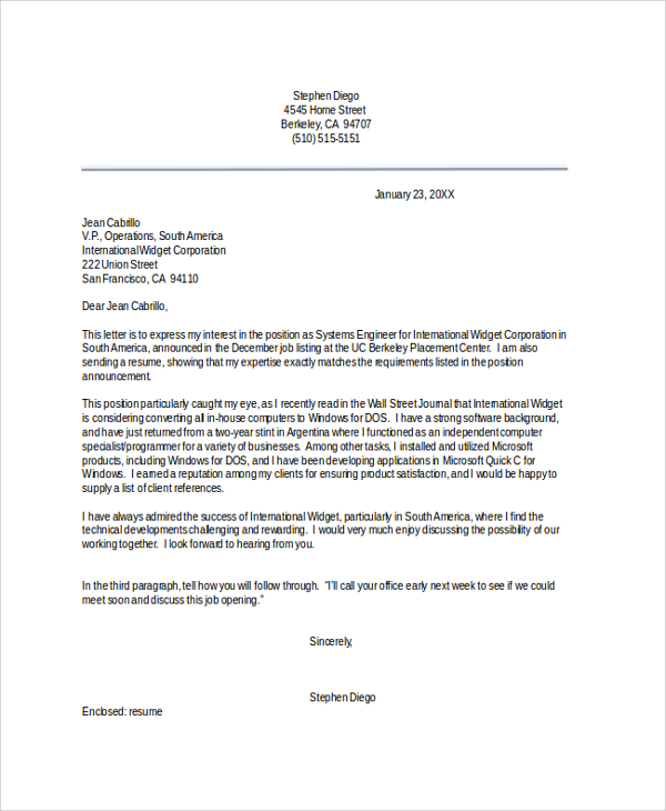 sample of cover letter for employment pdf