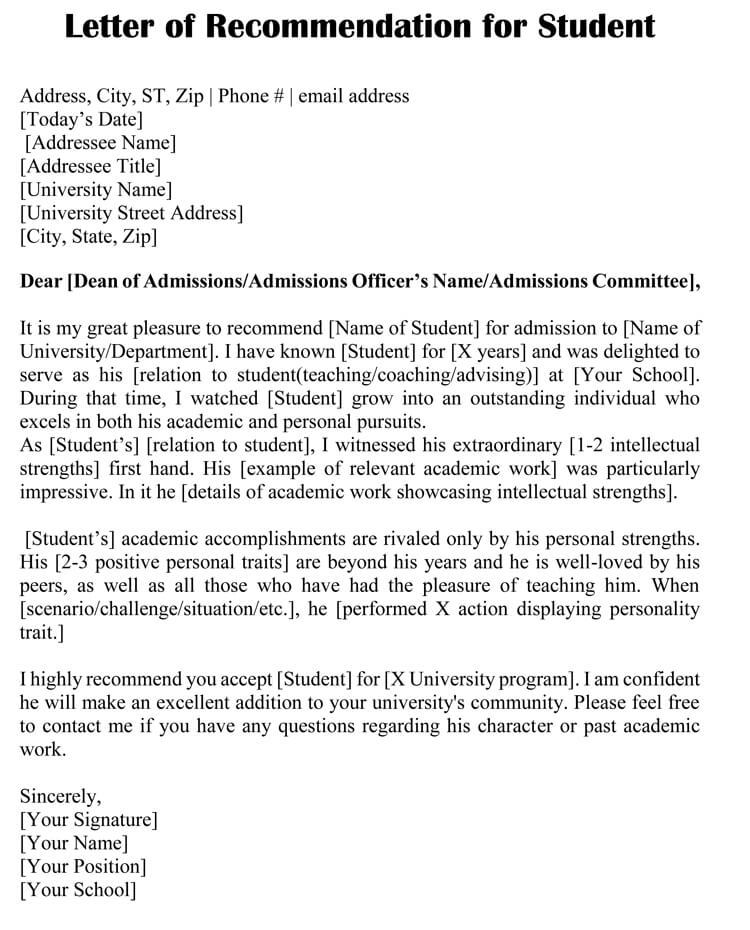 sample of recommendation letter for university admission