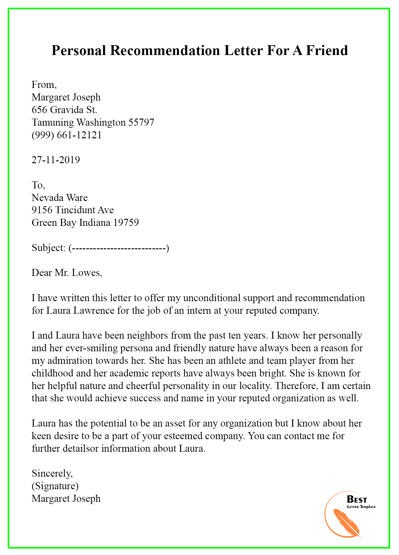 sample personal reference letter for a friend