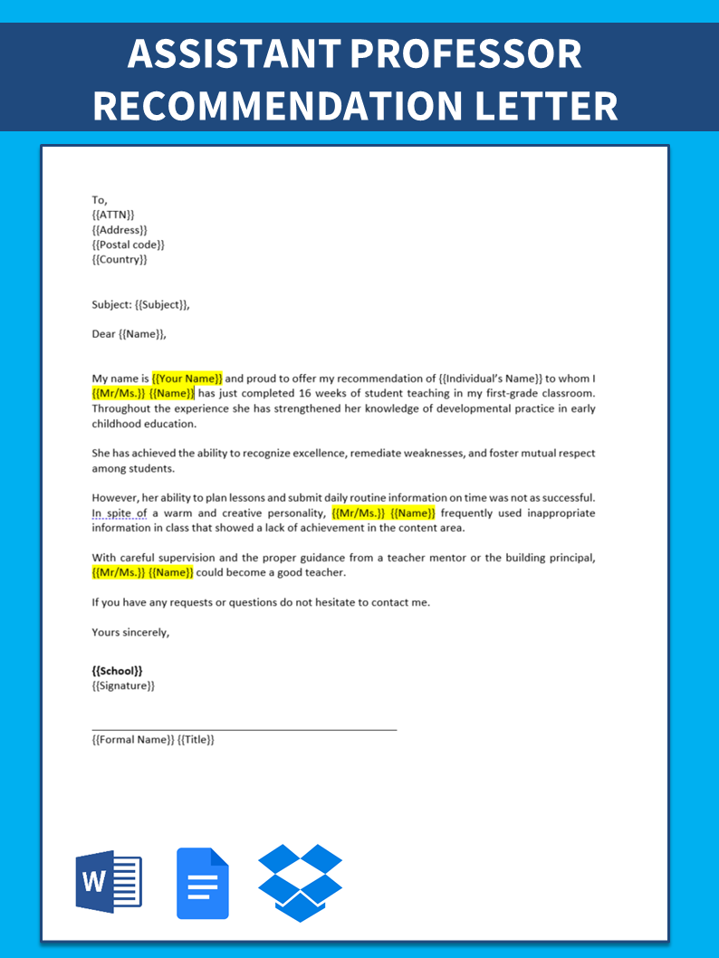 sample recommendation letter for assistant professor position