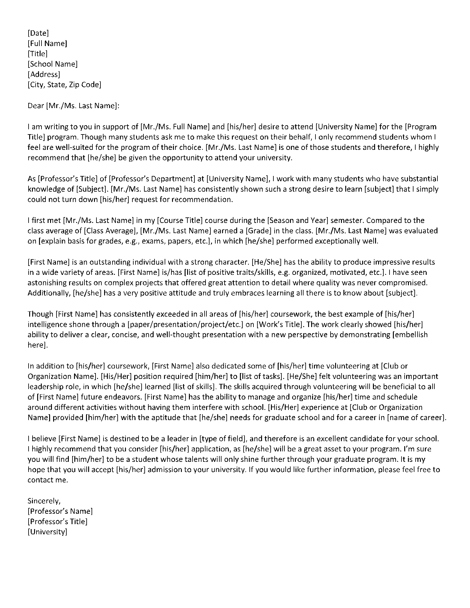 sample recommendation letter for graduate school from employer