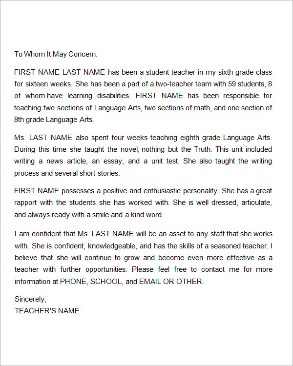 sample reference letter for a student teacher