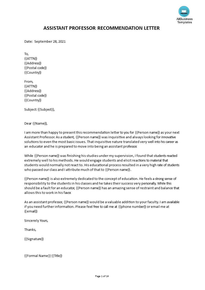 sample reference letter for assistant professor position