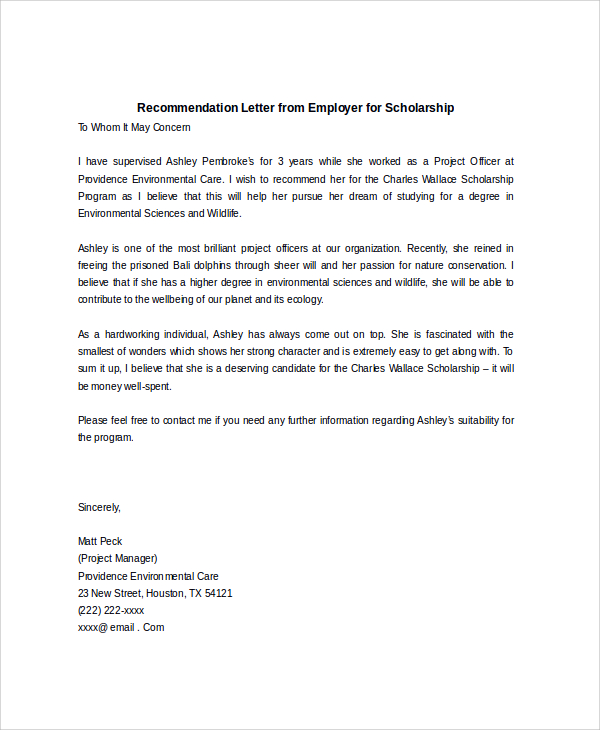 sample reference letter for scholarship from employer