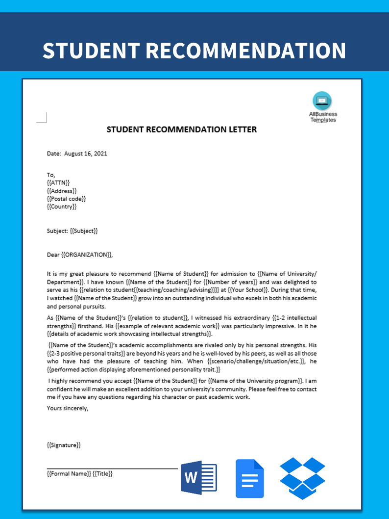 sample reference letter for student