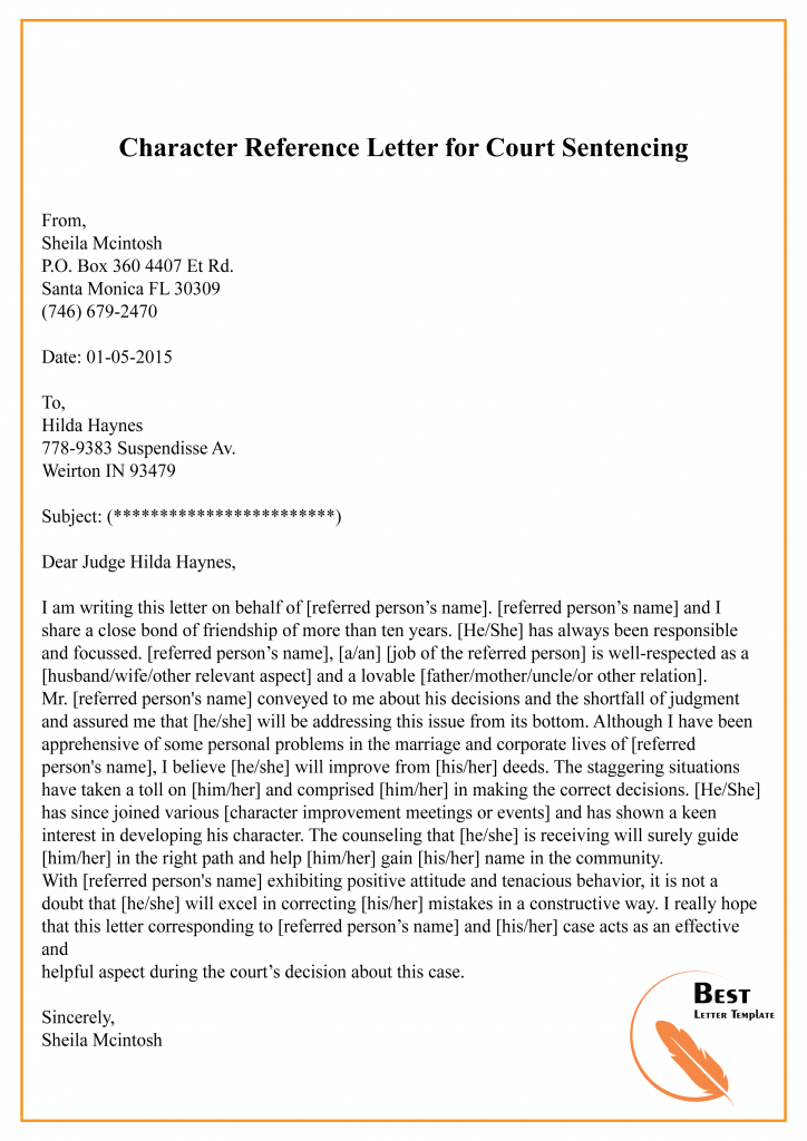 samples of character reference letters for court