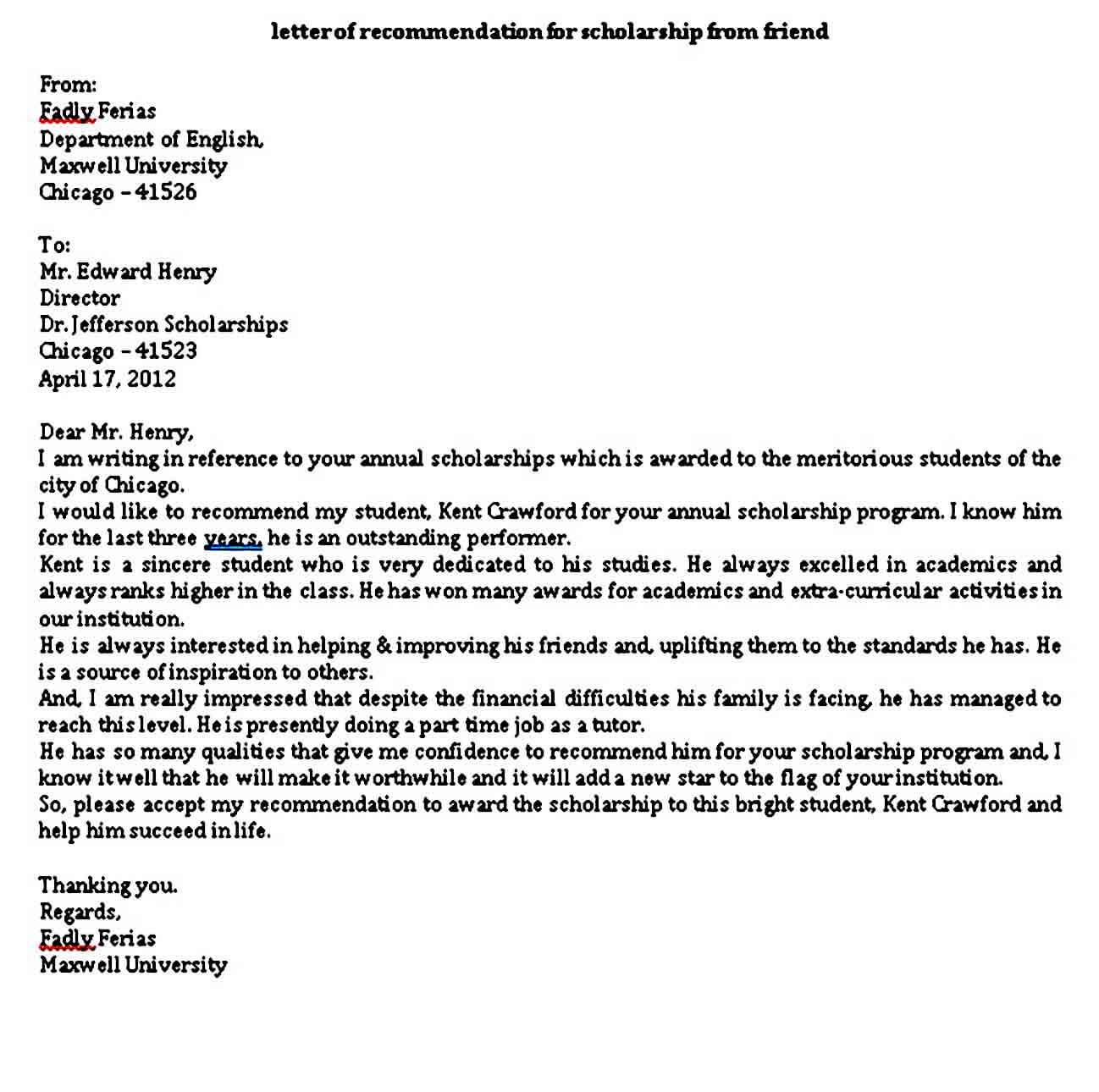 scholarship recommendation letter from friend