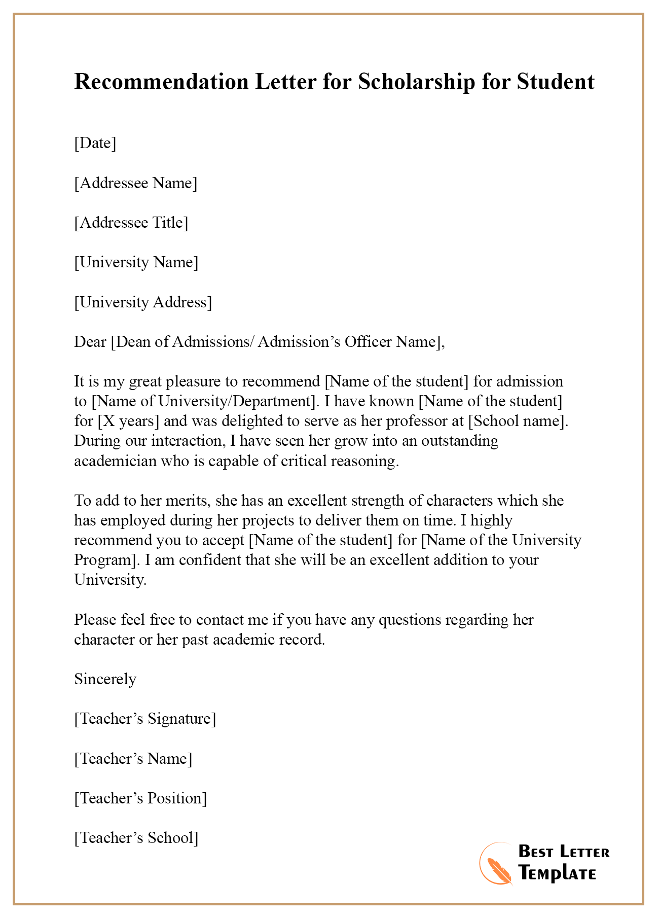 scholarship recommendation letter samples and templates