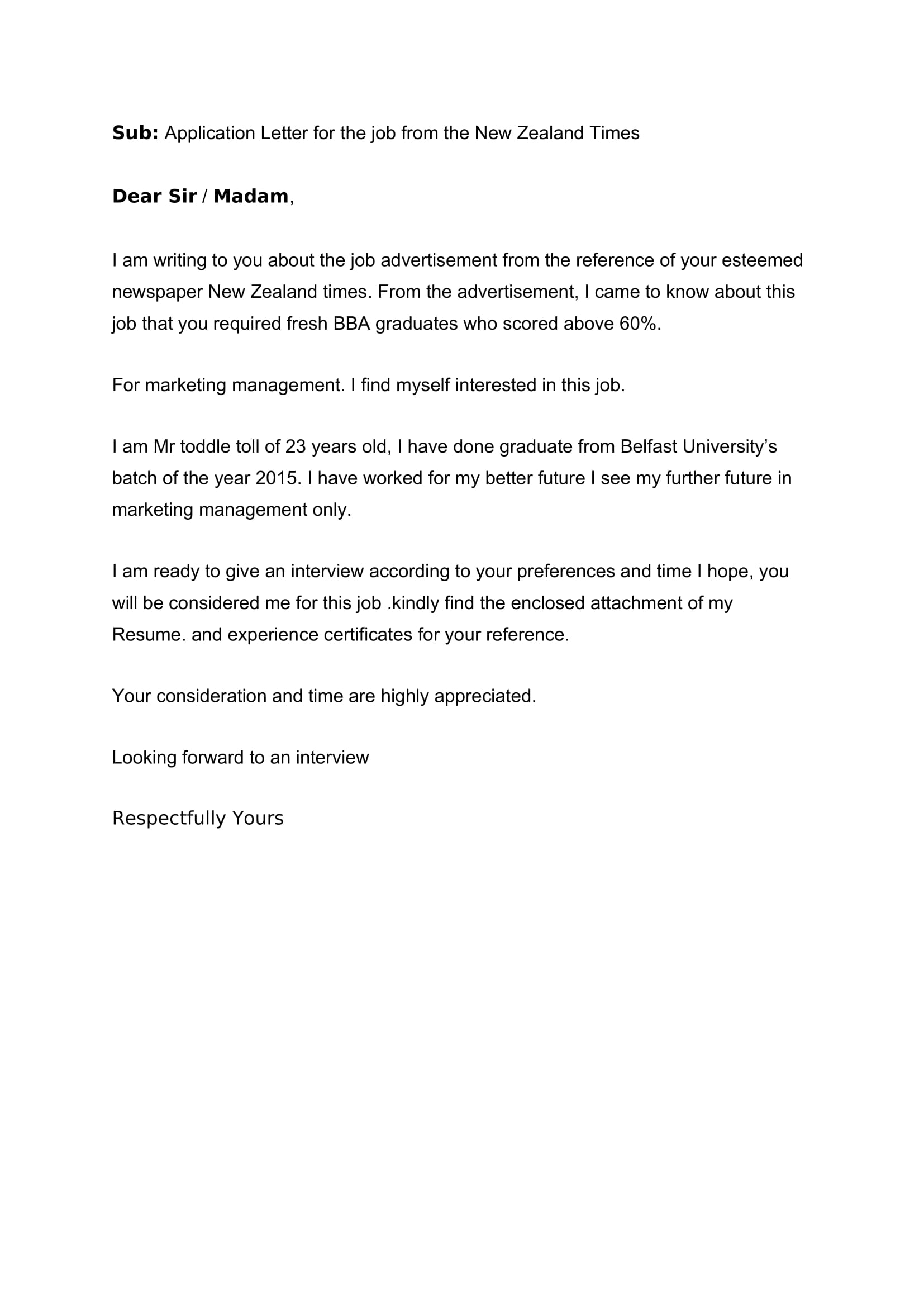 short application letter sample for any position