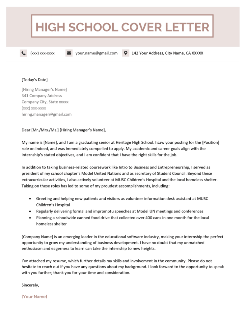short cover letter example high school