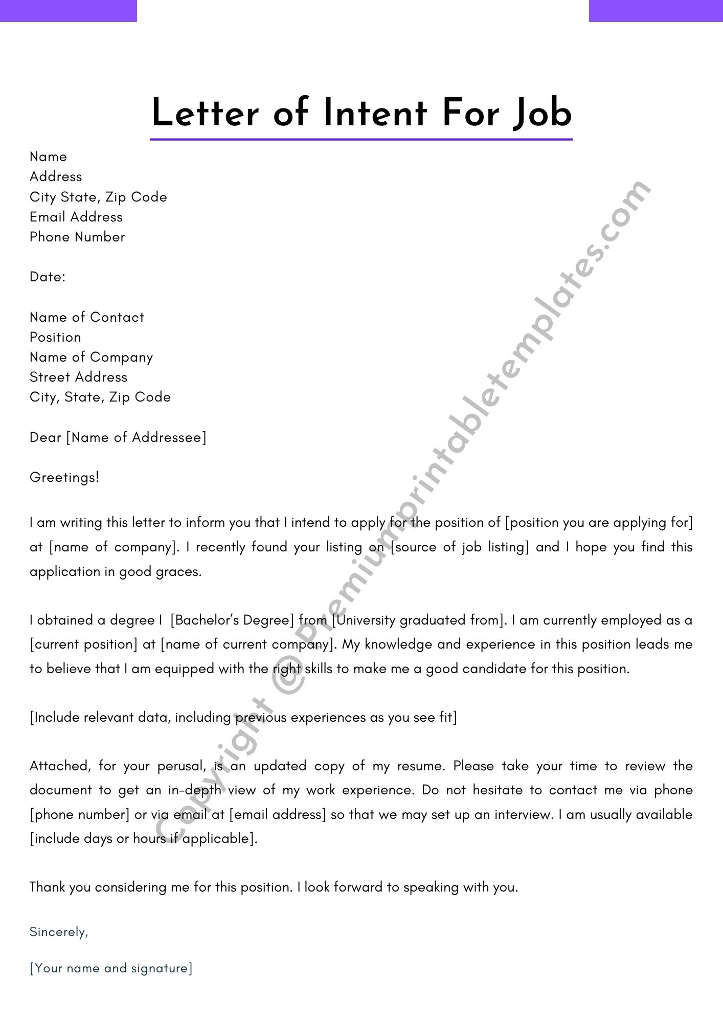 short letter of intent for job