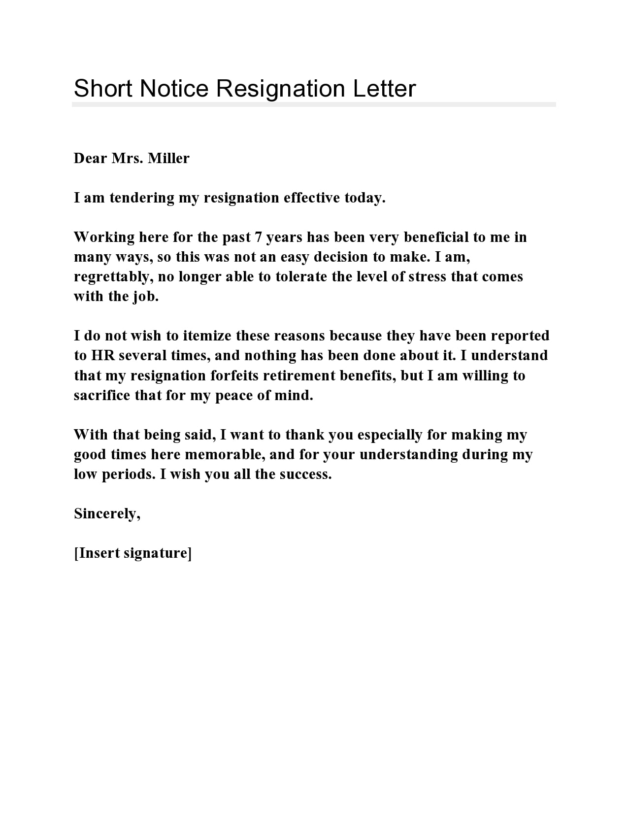 short notice resignation letter examples template