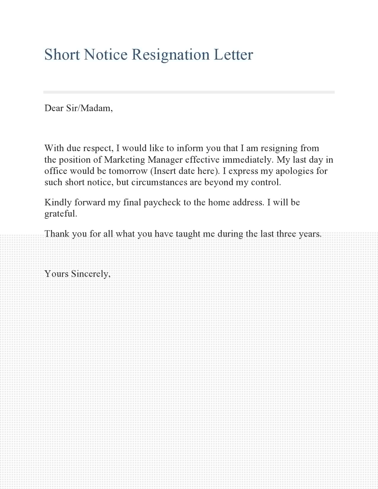 short notice resignation letter format