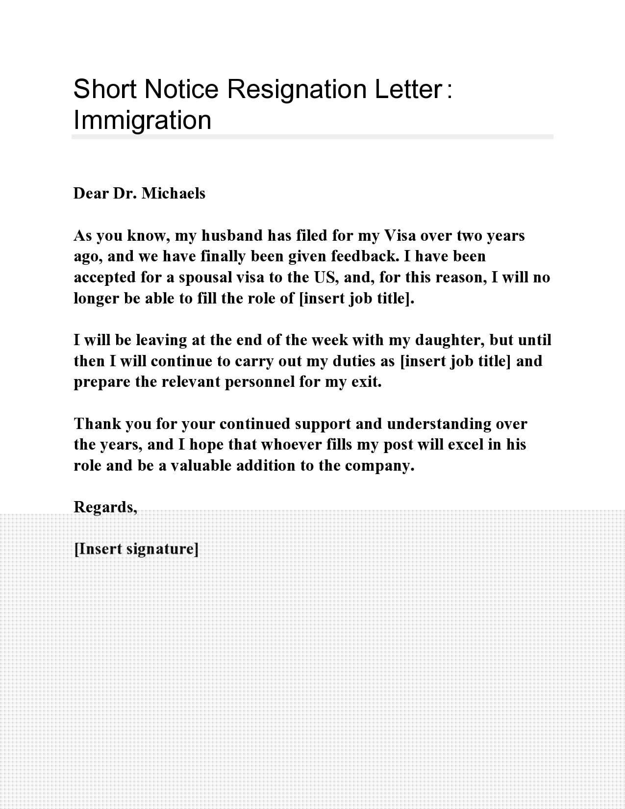 short notice resignation letter sample