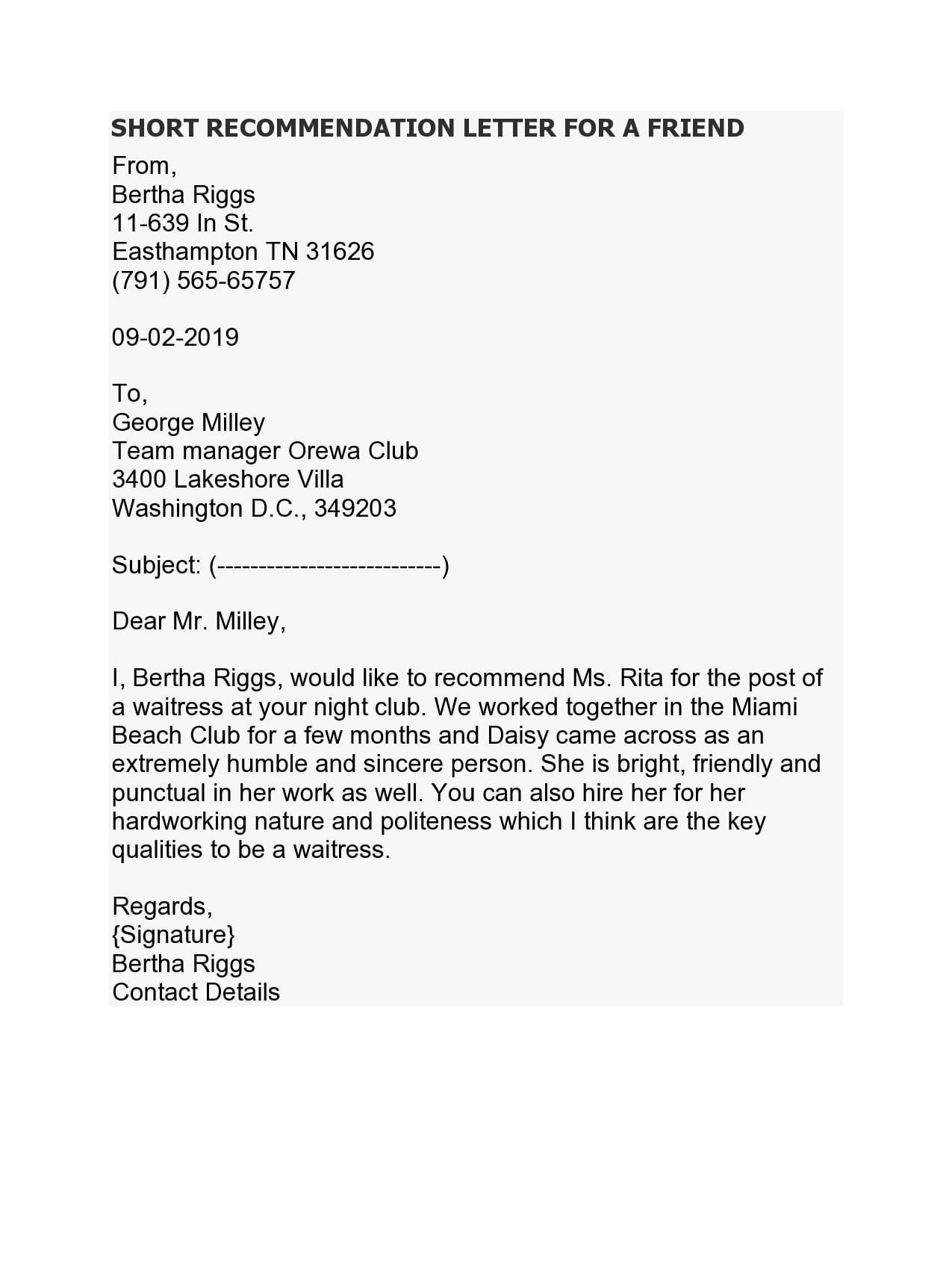 short reference letter for a friend