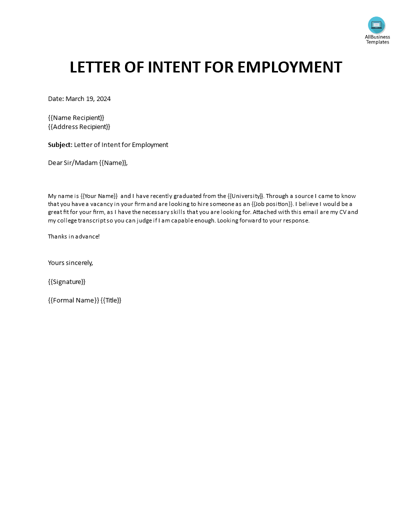 simple letter of intent for job