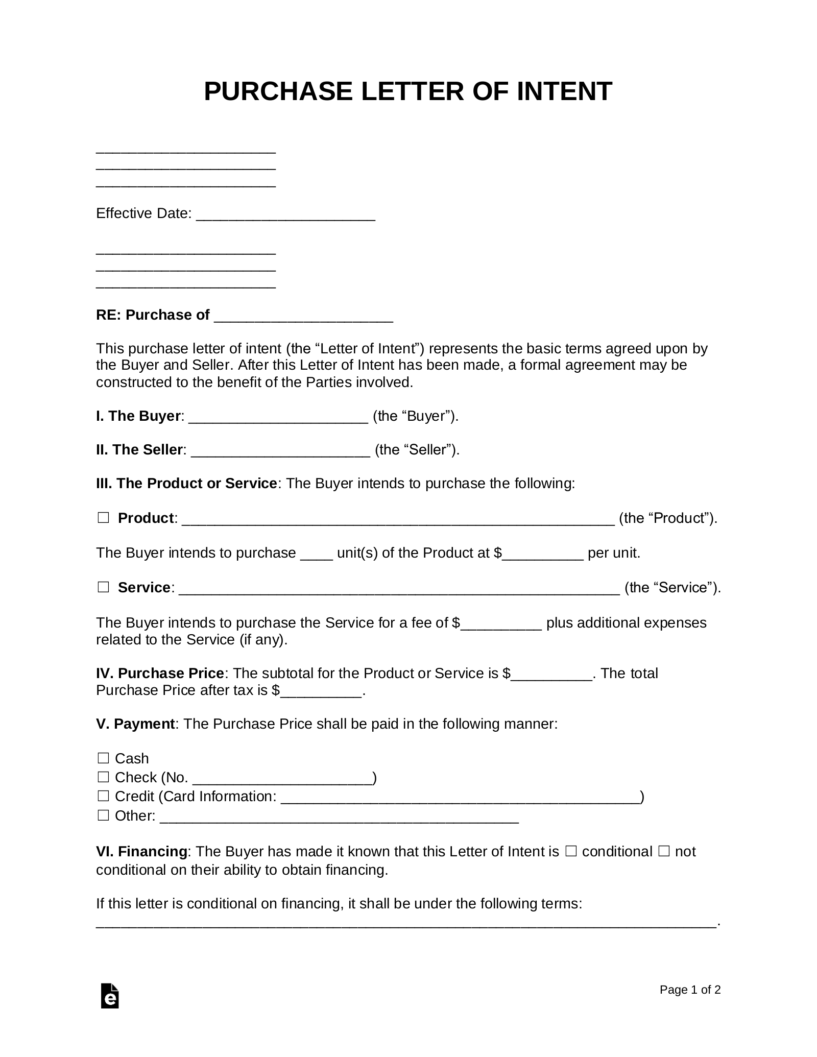 simple letter of intent to purchase