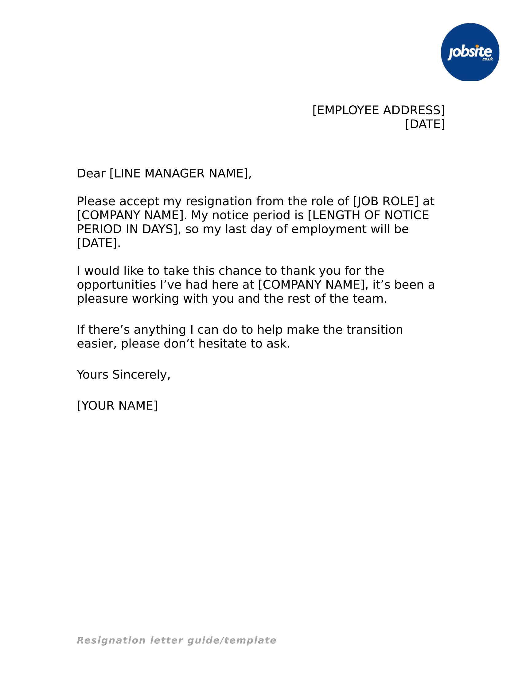 simple letter of resignation template