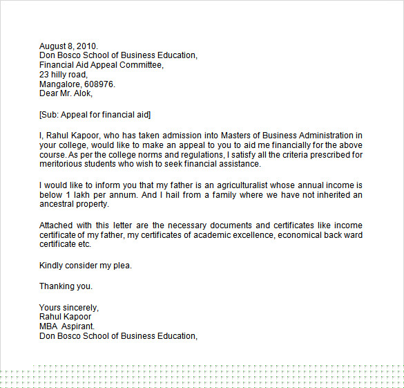 student financial aid appeal letter sample