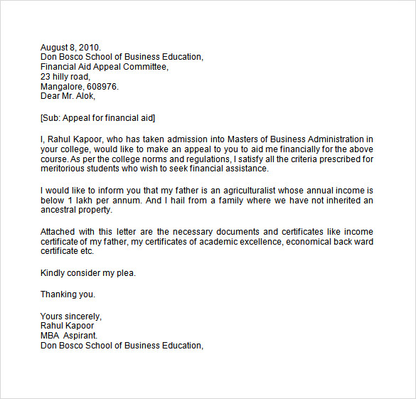 student financial aid appeal letter