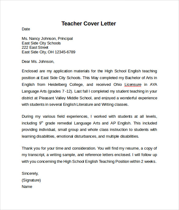 teacher cover letter template free