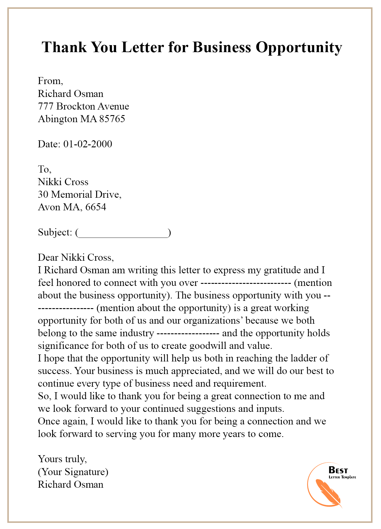 thank you for the opportunity letter