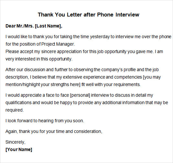 thank you letter after telephone interview