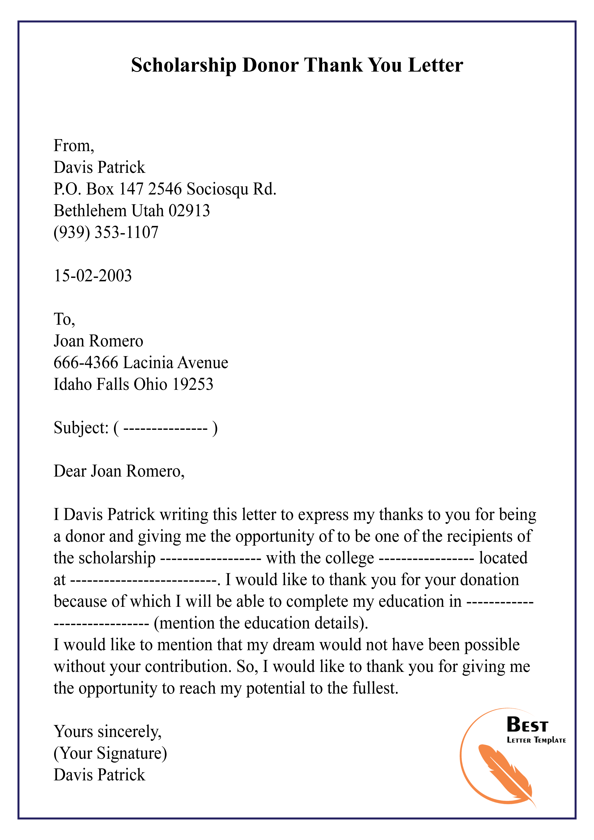 thank you note to scholarship donor