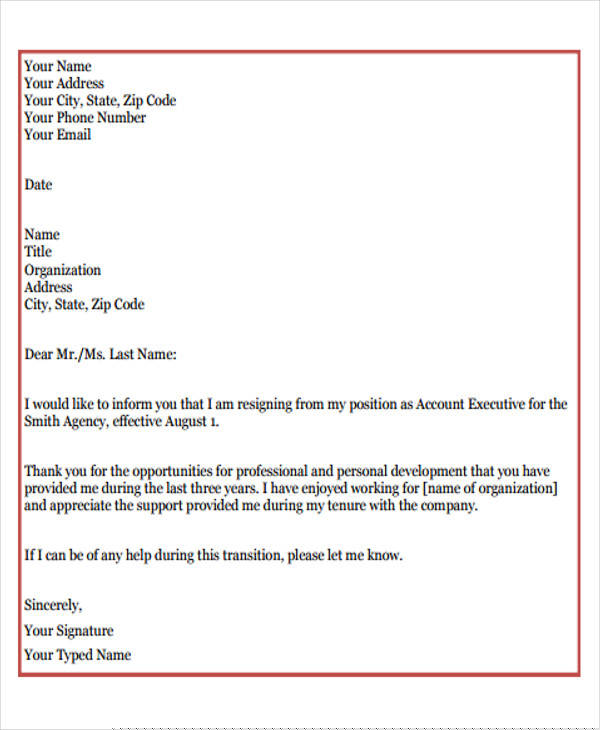 thank you resignation letter sample