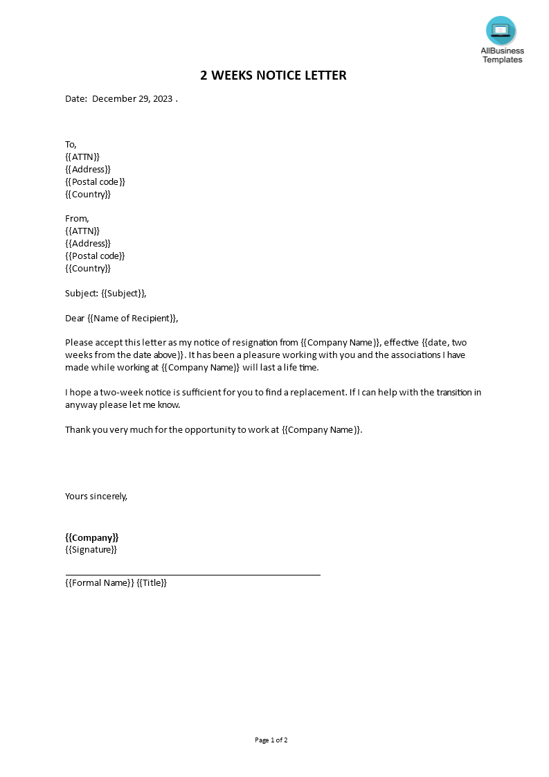 two weeks notice email subject