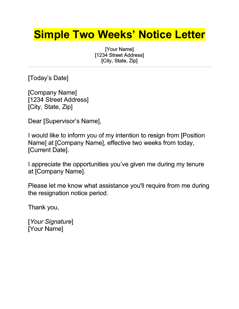 two weeks notice letter short and sweet