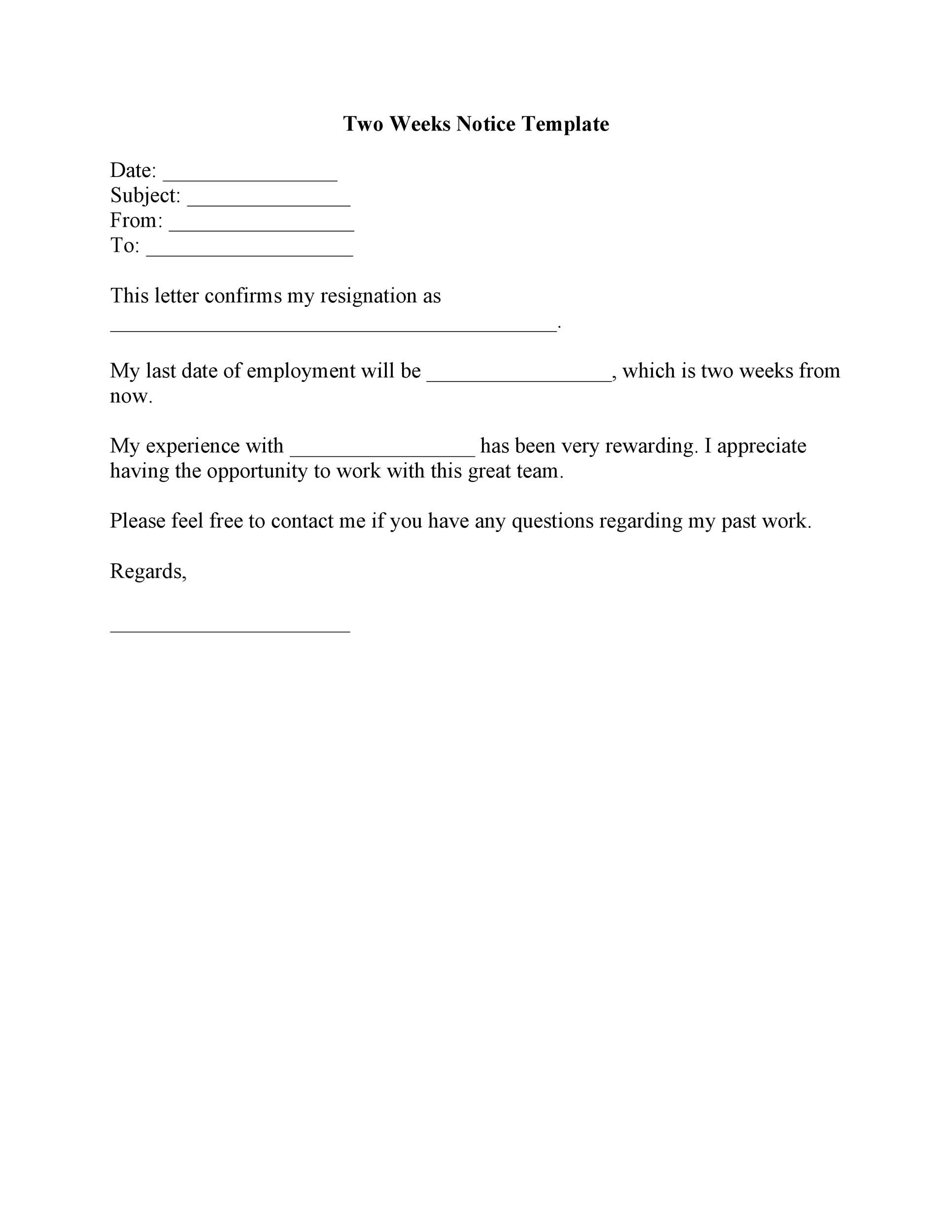 two weeks notice letter template