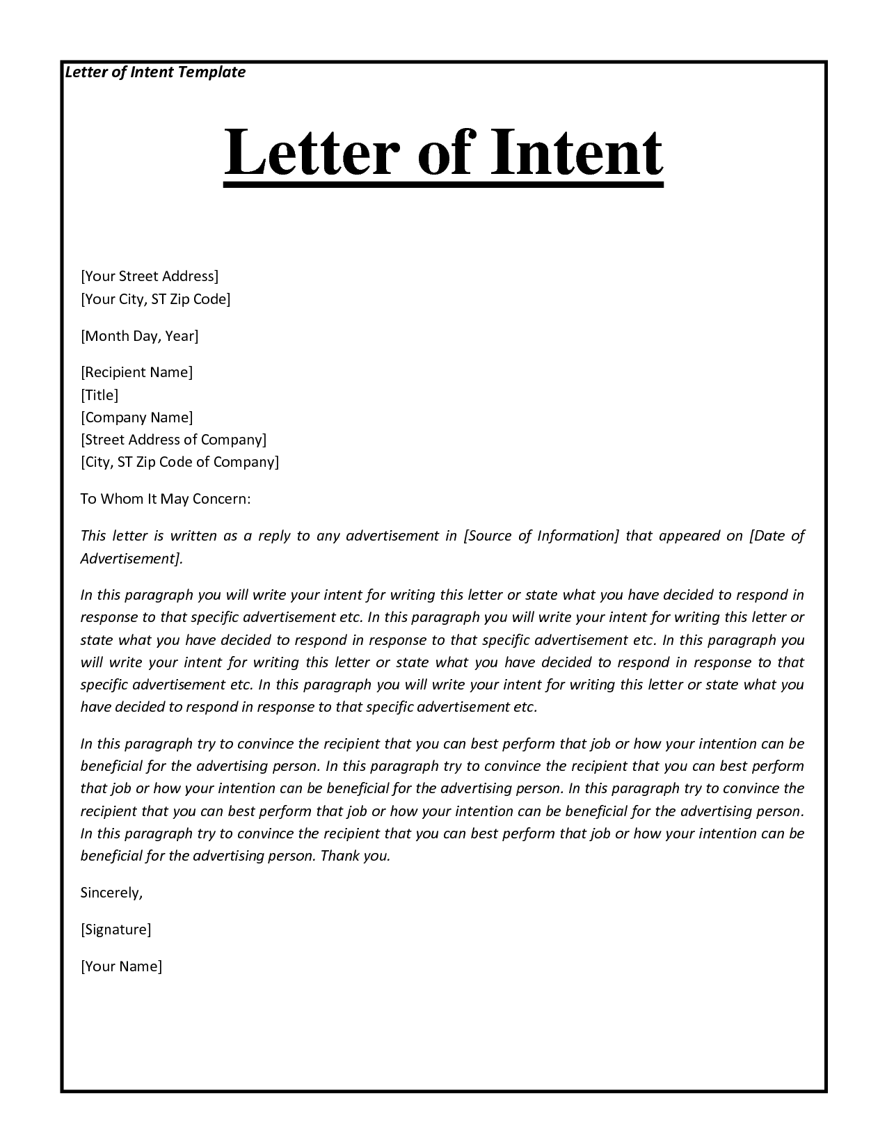 what does letter of intent meaning