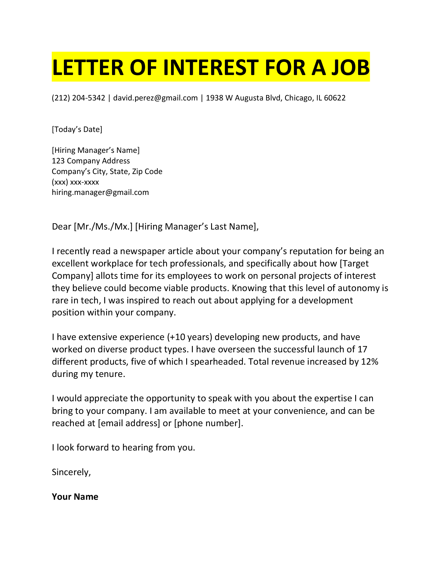 what to include in a letter of interest