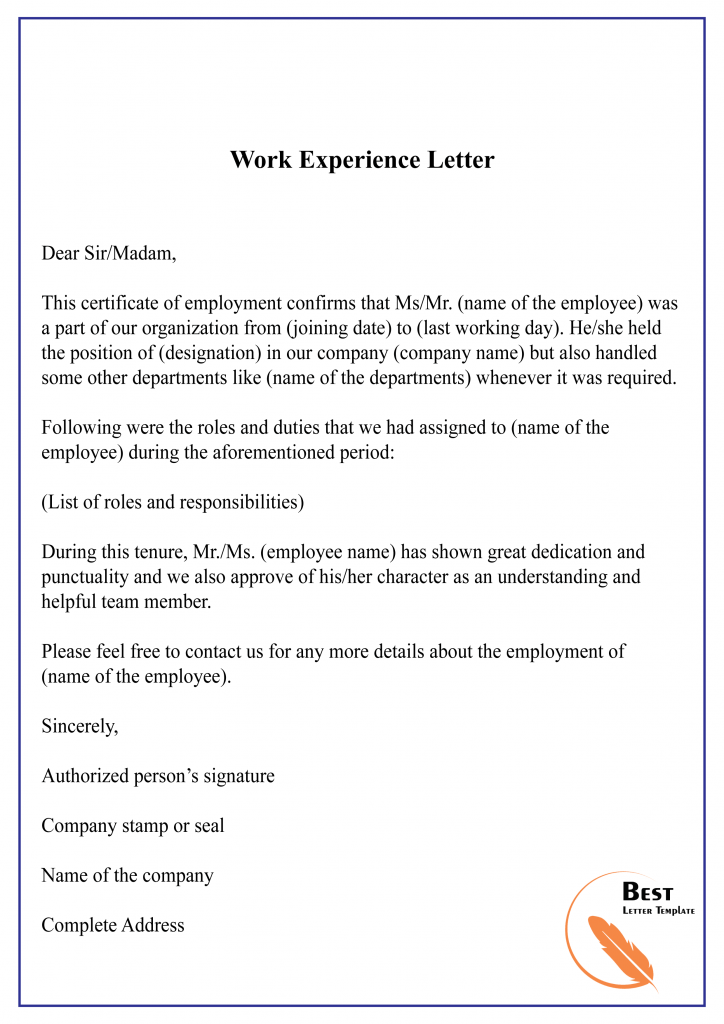 work experience letter sample pdf