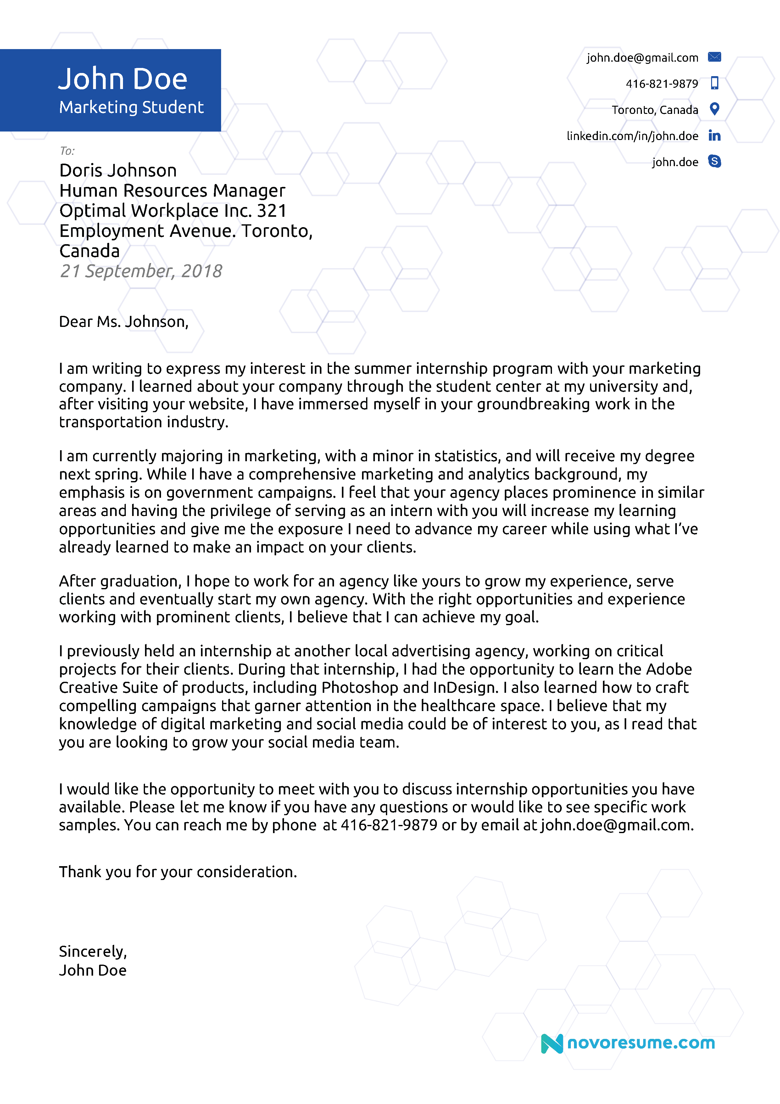 writing a cover letter for an internship